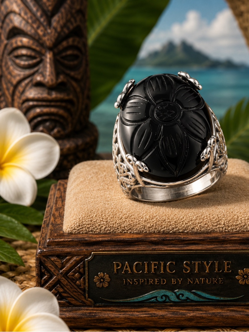 Pacific Style Black Onyx Carved Flower Ring in STS platinum plated size 9